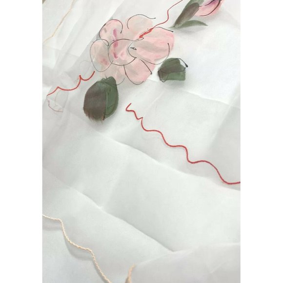 Vintage 1960s Sheer White Valances Curtains 4 Made Japan Hand Painted Pink Red - Picture 10 of 11